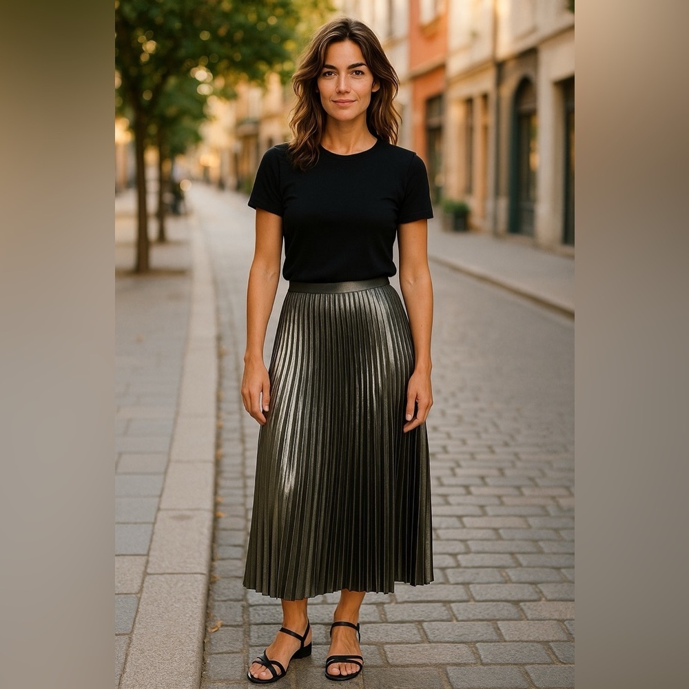 Trouve Silver Skirt‎ SZ S Metallic Foiled Pleated Midi Elegant Coquette Women